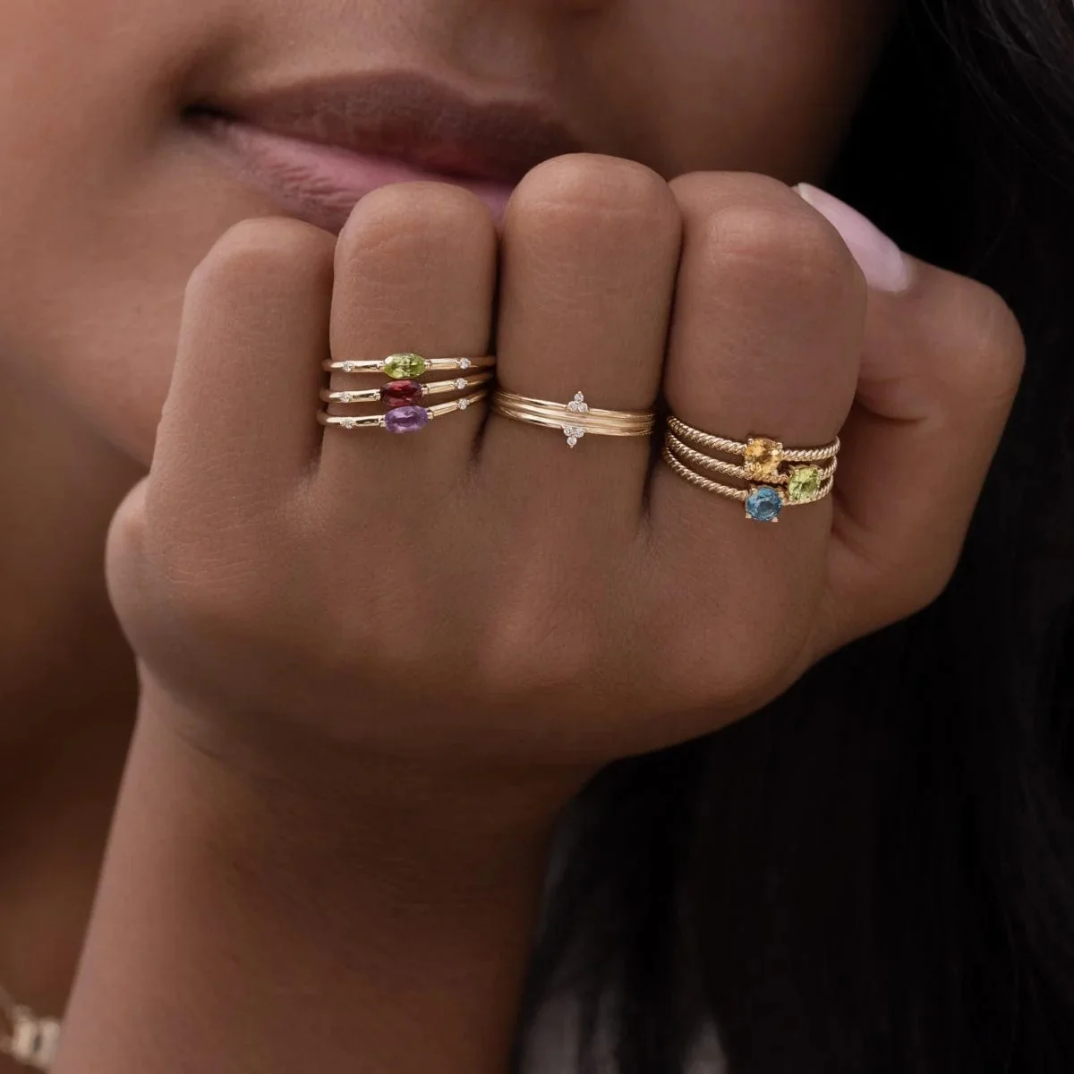 LOZRUNVE 925 Sterling Silver Gold High Quality Oval Sotaire Stone Stacking Ring for Women