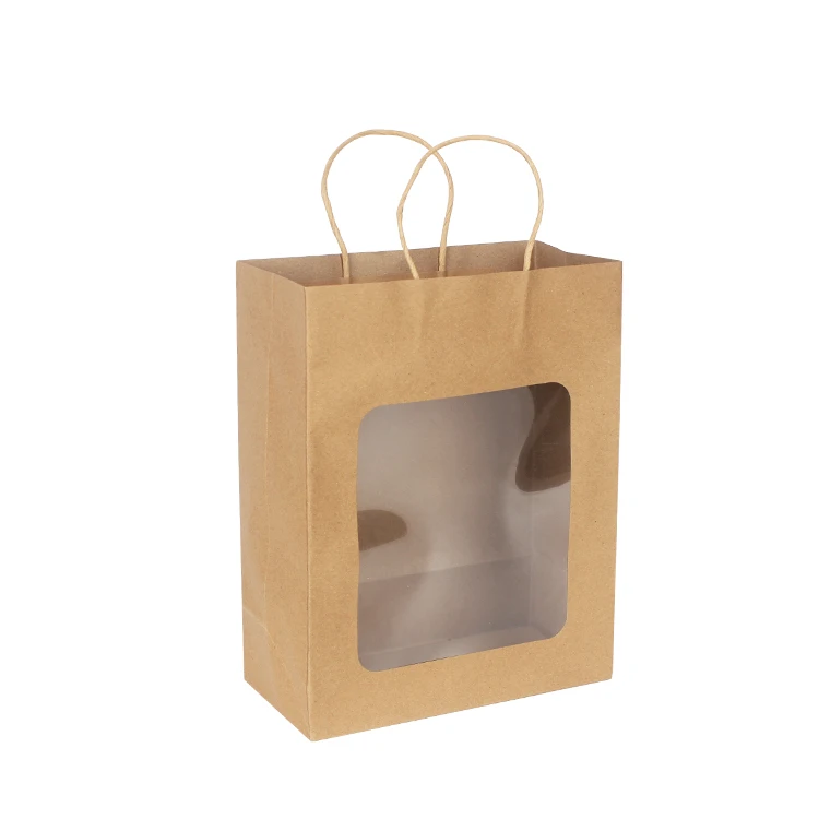 LOKYO Wholesale takeaway brown paper bag flat bottom paper bag bolsa de papel transparent window paper bag with cup holder