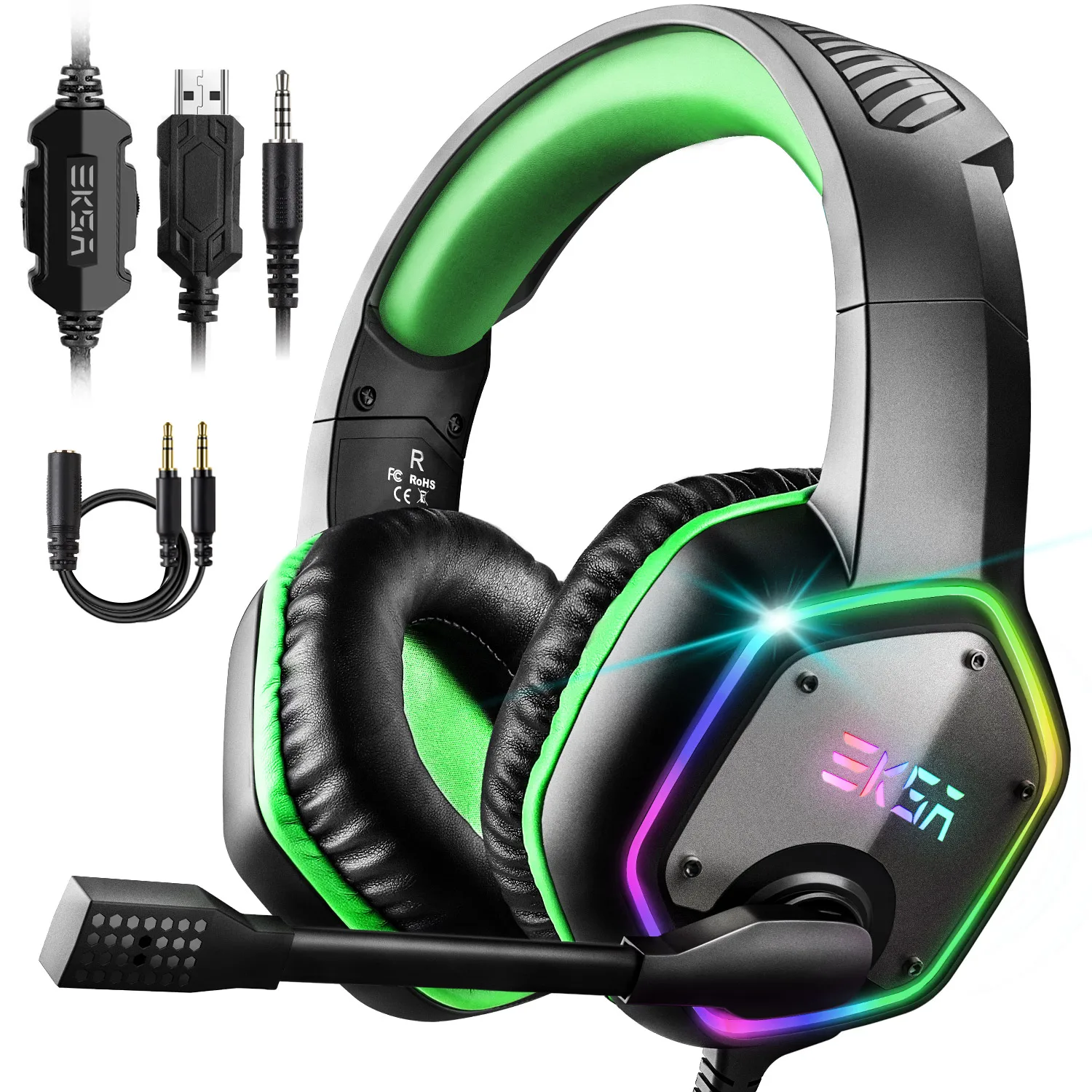EKSA E1000S Game Headset LED light 3.5mm Stereo Wired Headphones with Microphone Noise Cancelling RGB Light For PC/PS4/Xbox One