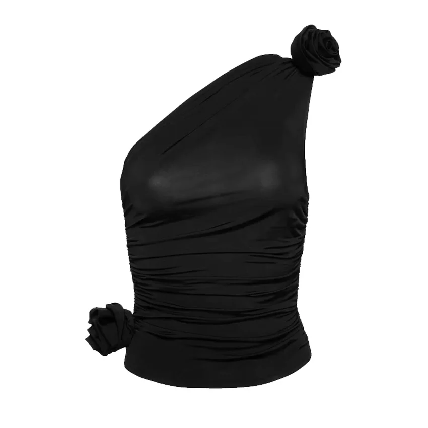 Modern Three-Dimensional Rose Flowers Knitted Vest Proud Visual Beauty with Slim Top and Slanted Shoulders Summer Cotton Vest