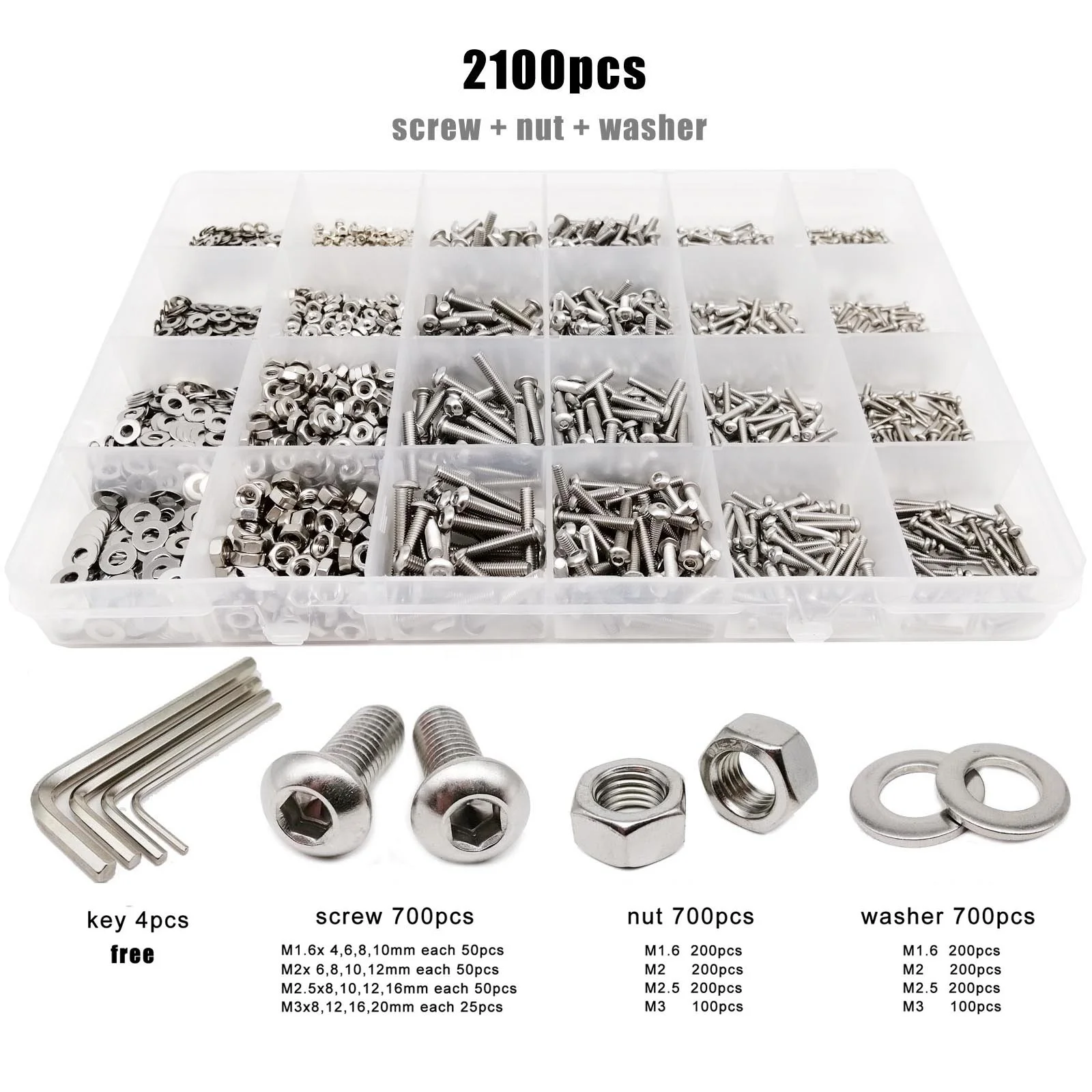 Total 2100pcs/box M1.6 M2 M2.5 M3 304 Stainless Steel Nut Washer Set Kit Allen Round Hexagon Hex Socket Button Head Bolt Screw