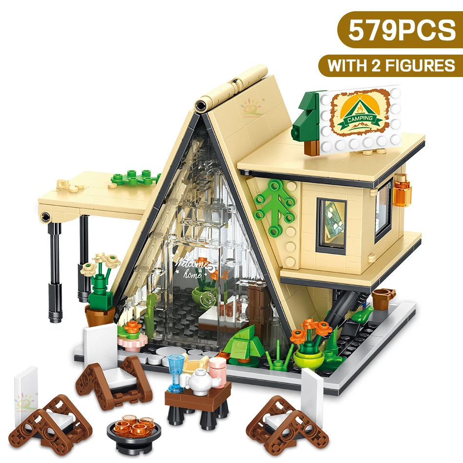 city street view creative diy house coffee shop flower store architecture building block bricks with led light toys for girls