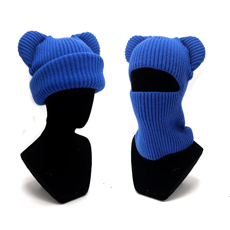 11 Colors Custom Winter Warm Thick Thermal Hood Cute Bear Ear Knitted Alpaca Wool Skull Beanie Balaclava Mask Hat With Bear Ear
