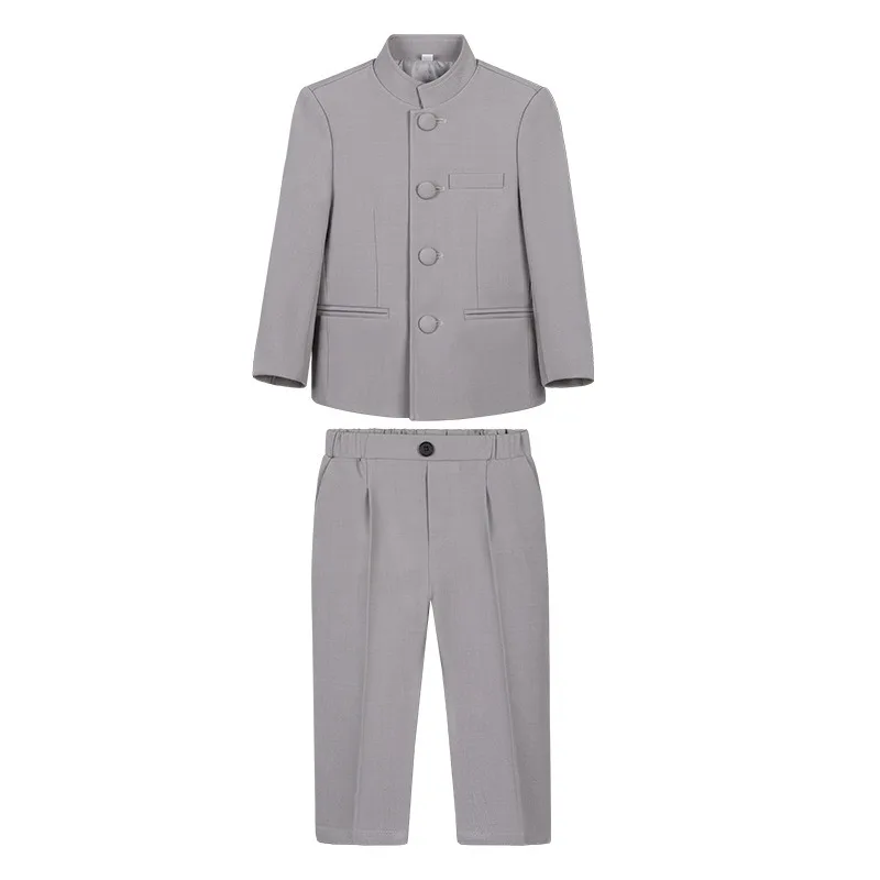 Boys Slim Suit Chinese Style Weddings clothes Soild Color Stand Collar Suit Zhongshan Suit Performance costume black and gray