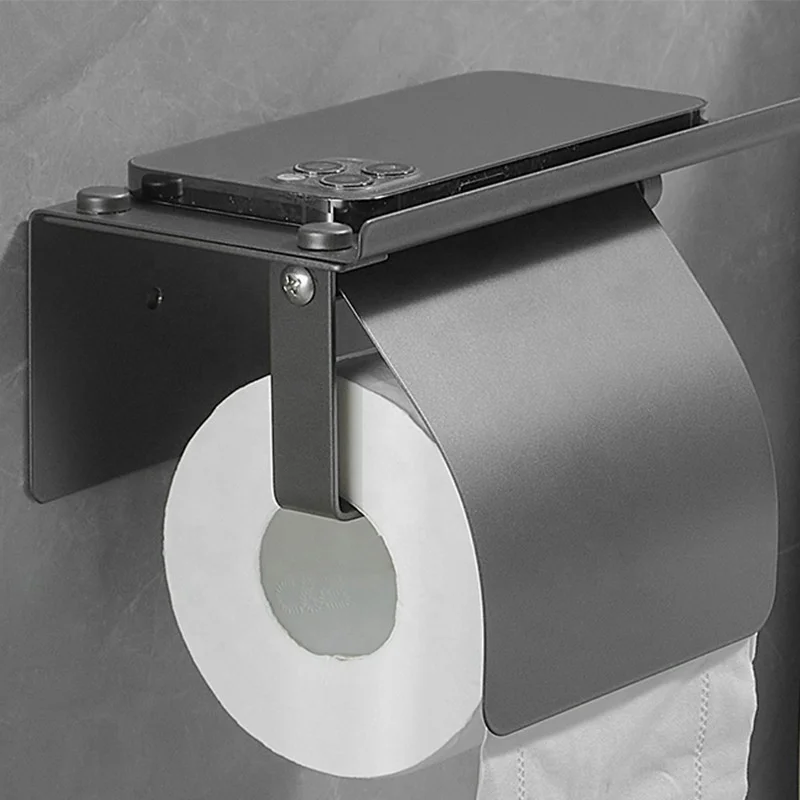 Stainless Steel Wall-mounted Multifunction Toilet Roll Standing Tissue Black Toilet Paper Holder With Phone Shelf