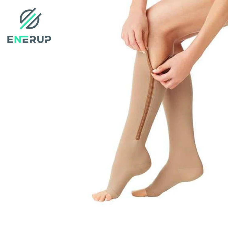 Enerup custom nylon socks unisex Antibacterial 15-20mmhg knee high Socks open toe rebound medical compression socks with zip