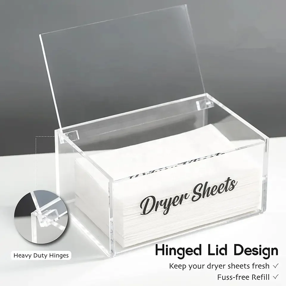 Customized Modern Acrylic Tissue Box Dryer Sheet Holder for Laundry Room Table Clear Dryer Sheet Dispenser Rectangular