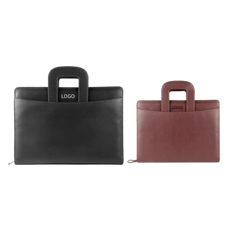 Custom logo Men Gift business a4 size file folder black leather document organiser bag portable briefcase portfolio with zipper