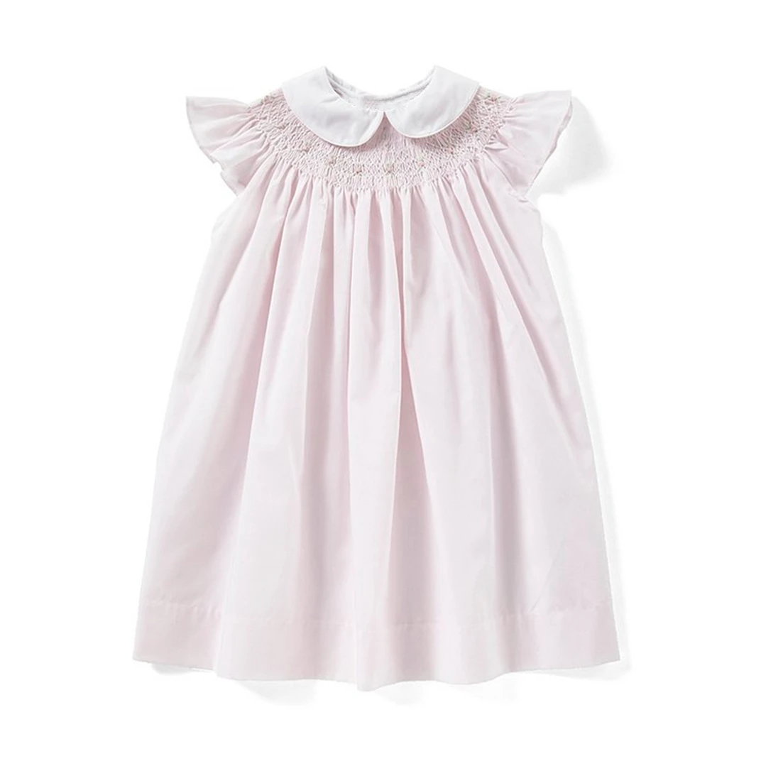 New Design Pink Flower Pattern Design Cute Kids Clothing Girls Smocking Dress