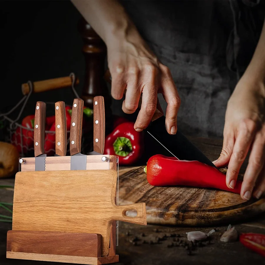 High quality black coated blade 3 rivets wooden handle knife set kitchen with block