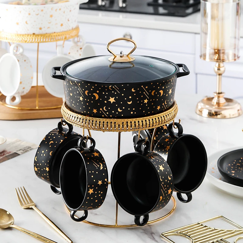 Factory direct Nordic double-ear soup bowl soup pot black marble ceramic soup set with iron stand