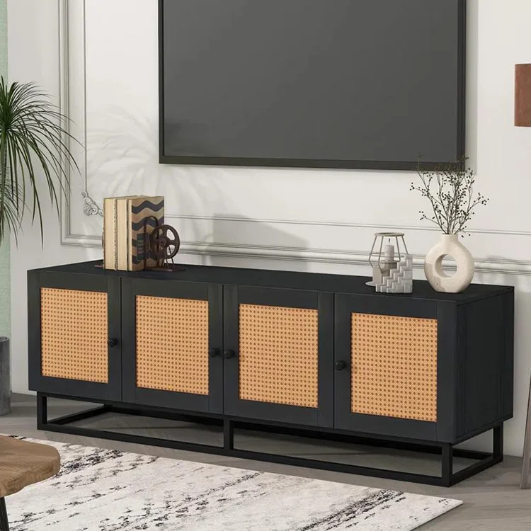 MDF wood led and lcd rattan tv stand hall cabinet living room furniture designs retro black 72inch tv table desk