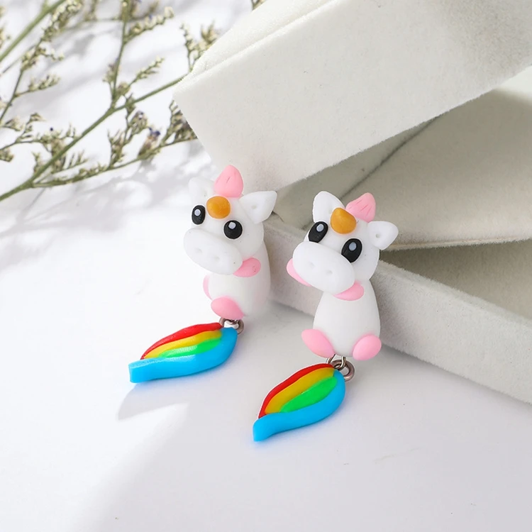 2020 New Arrival Polymer Clay Soft Ceramic Earrings Piercing Cute Cartoon Unicorn Earrings For Women