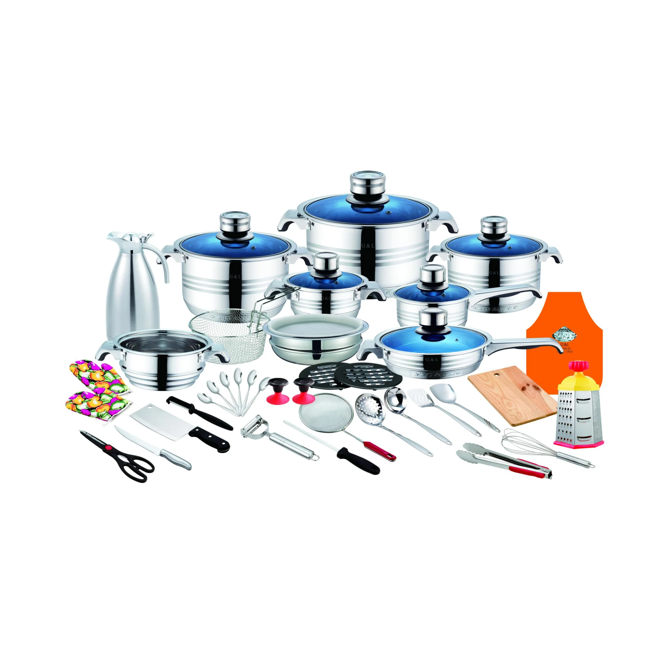 Hot sale German kitchenware 43 pcs wide edge non stick cooking ware set stainless steel induction cookware set