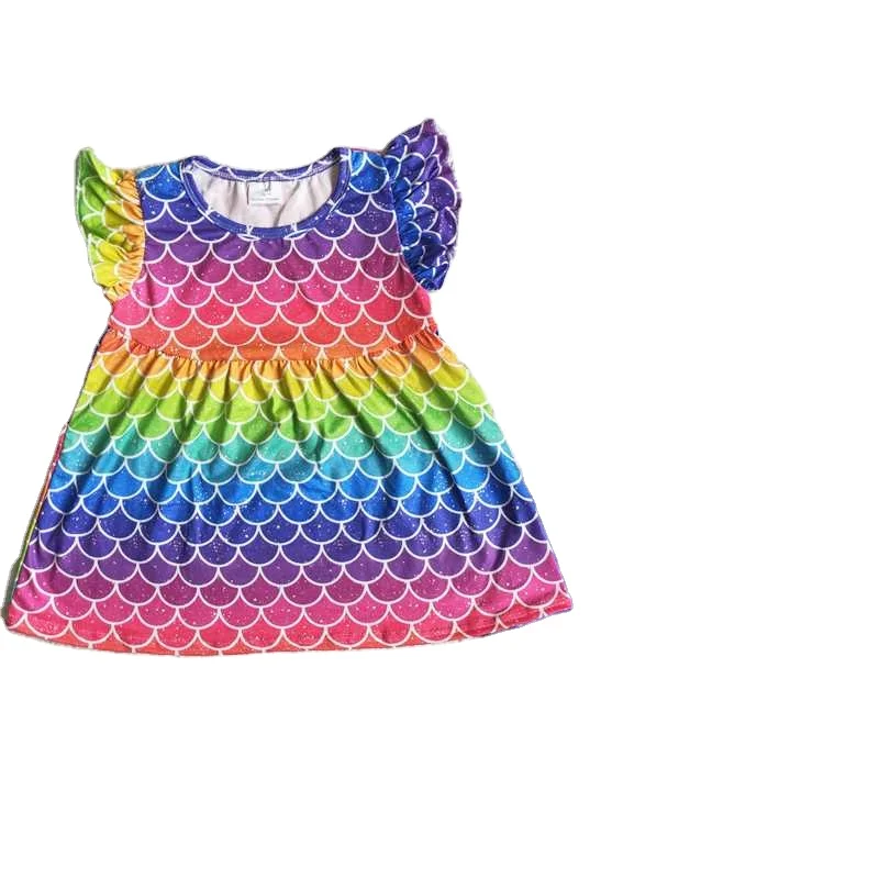 Wholesale girls summer sleeveless shorts multi-element pattern fish scale print bright color three-layer ruffle