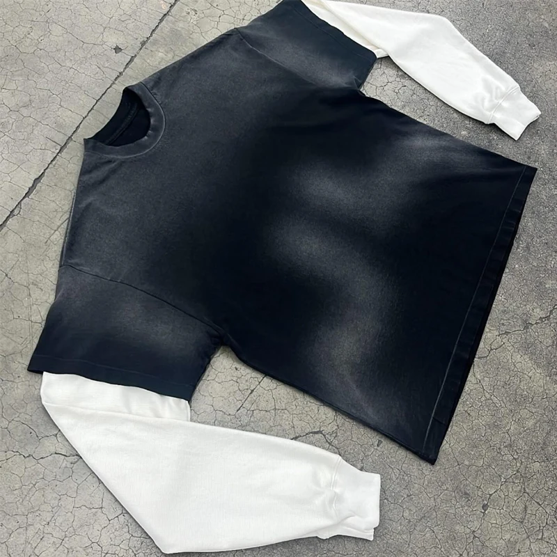 Blank T Shirt Screen Printing Raw Hem French Terry T Shirt Double Layered Long Sleeve Oem Custom Heavy Cotton for Men