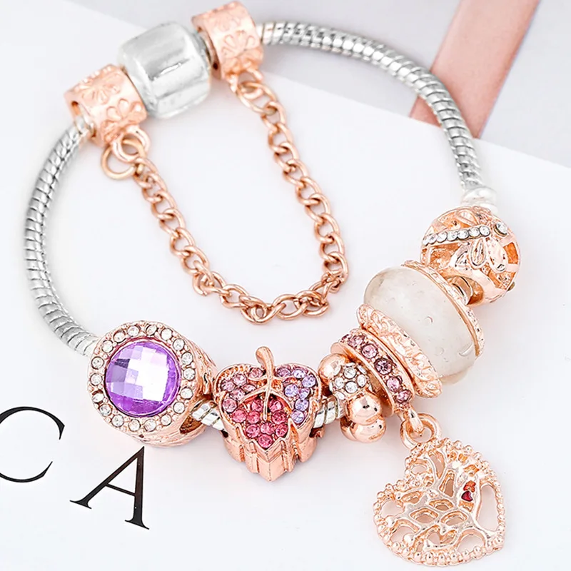High Quality Women Bracelets Bangles Beautiful Rose Gold Color Charm Bracelet Hollow Ball Colorful Crystal Leaf Beaded Bracelet