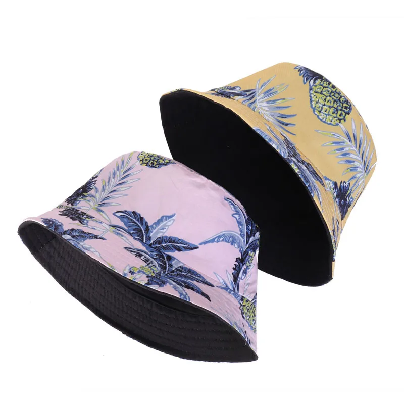 Foldable Bucket Hat Original Summer Boonie Cap Unisex Cotton Reversible Pineapple Printed Outdoor Sun Hat for Women
