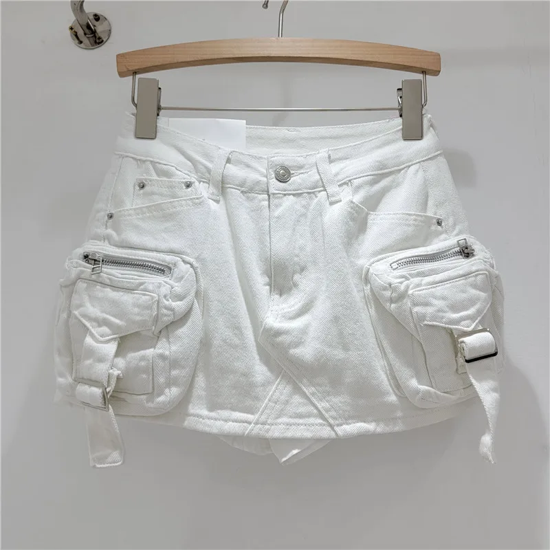 Vintage Denim Shirts Cargo Skirt Fashion Low Waist Mini A-line Jean Skirt With Pockets For Women