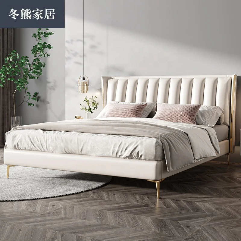 Fashion Style Bedroom Furniture Stainless Steel Legs Upholstery Leather queen bed storage