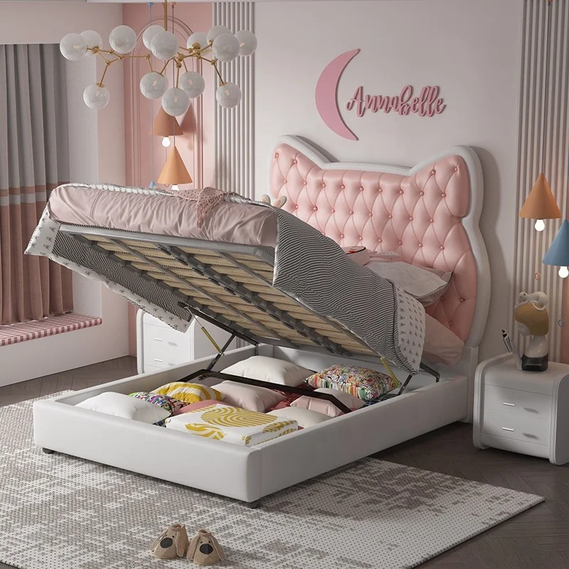 NOVA Nordic Style Light Luxury Children Bedroom Girl Princess Bed Leather Cartoon Cat Shape Upholstered Headboard Kids Girls Bed