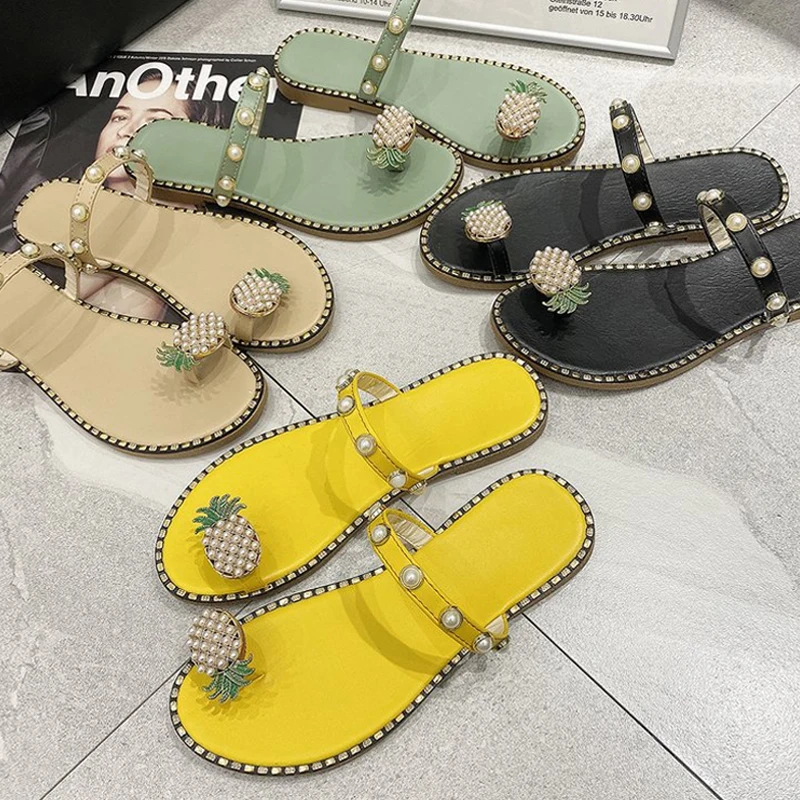 Wholesale Flat Casual Beach Shoes Ladies soft sole fashion Pineapple Pearl Sandals for women with High quality summer shoes