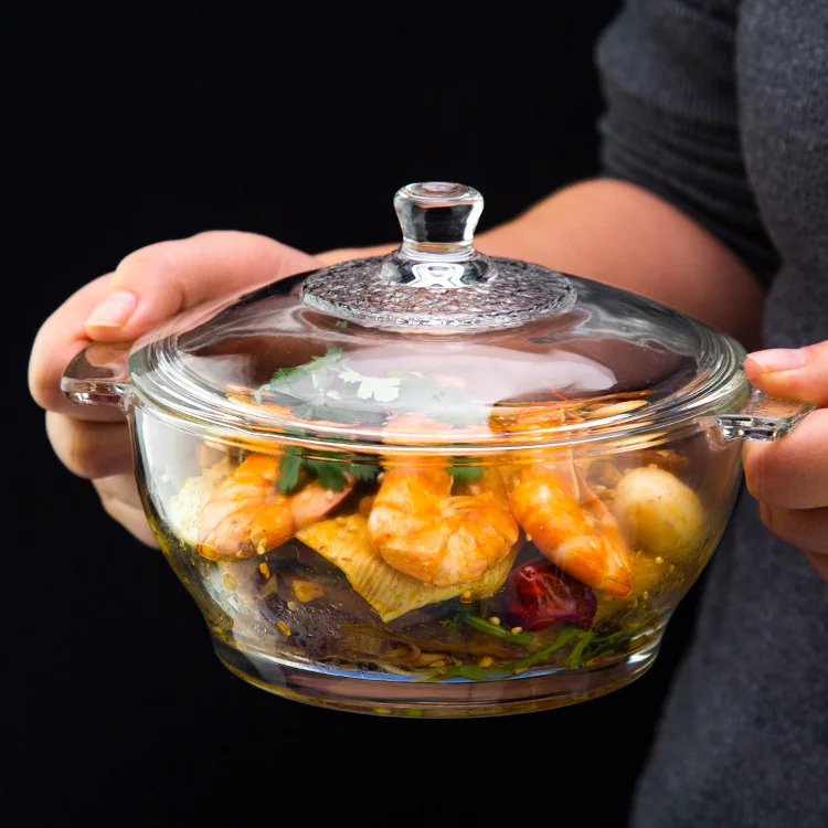 Large Glass Bowl Household Heat-Resistant Eamo Noodle with Lid Salah Crystal Castle Double Ear Soup Pot
