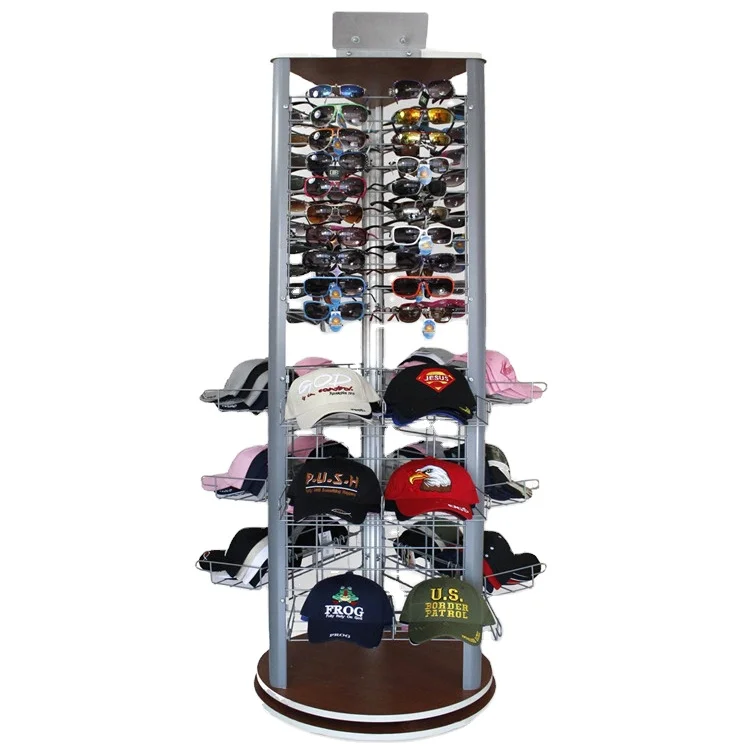 Wood Base Metal Wire Grid Panel Fashion Store 3 Side Floor Standing Fitted Hat Racks Rotating
