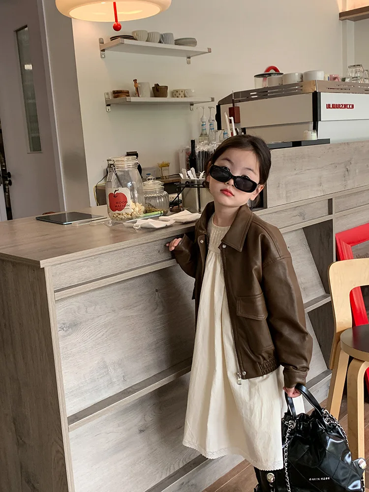 2023 fashion design little baby girl PU leather coat infant toddler kids solid brown jacket clothing boutiques 617