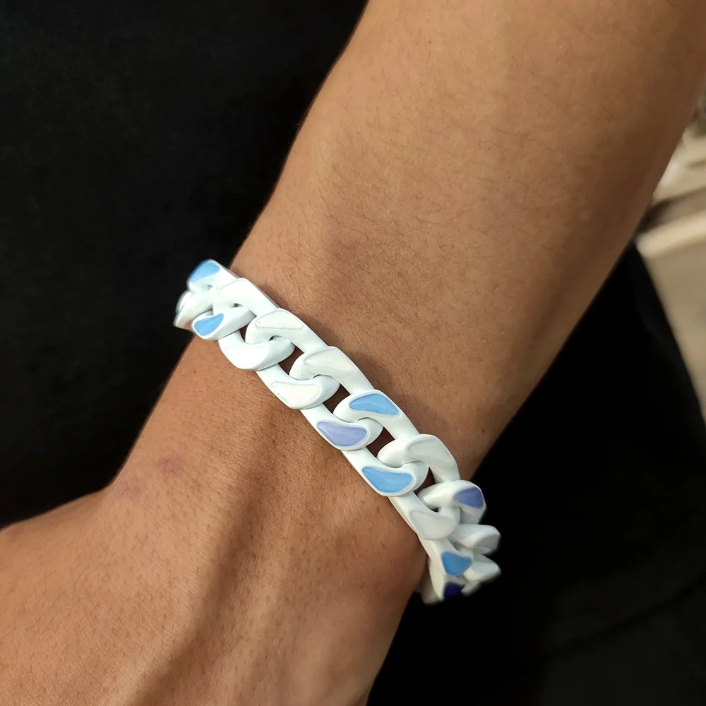 VEROMCA Blue Sky and White Cloud Stainless Steel Baking Varnish Cuban Chain Bracelet Titanium Steel Necklace