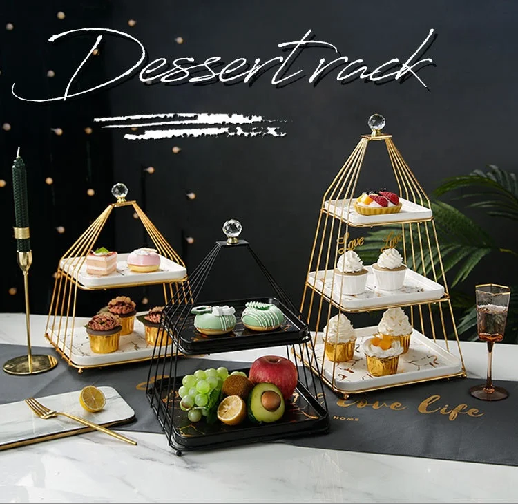 Modern simple multi-layer fruit plate marble pattern ceramic square plate display stand