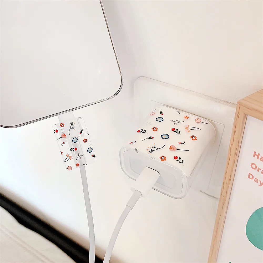 for Apple 18/20W Adapter Charger Case with Cable Bite Protector Cute Love Heart Flower TPU Soft Protective Data Cable Sleeve set