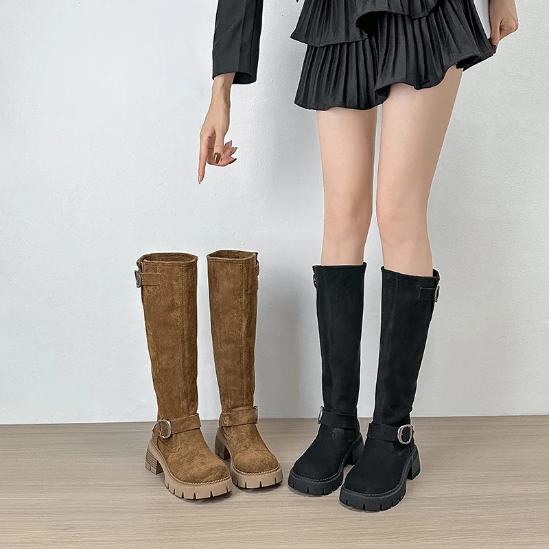 Custom Logo Ladies Knee-High Western Boot Winter Autumn Comfortable Toe Design Vintage Thick Heel PU Insole Solid Velour Fabric