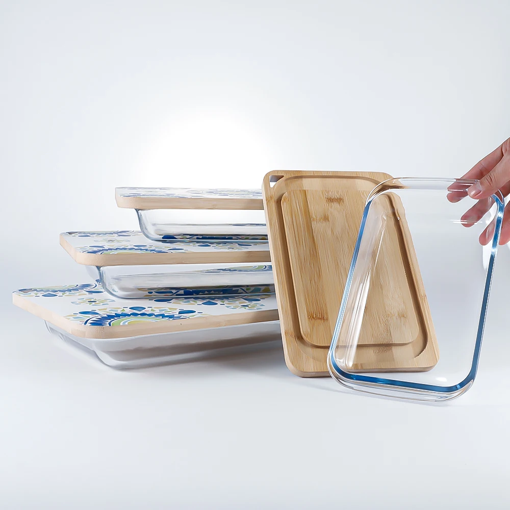 2023LEHE bamboo Lid Fridge-to-Oven Safe Rectangular non stick modern baking tray set glass baking dish