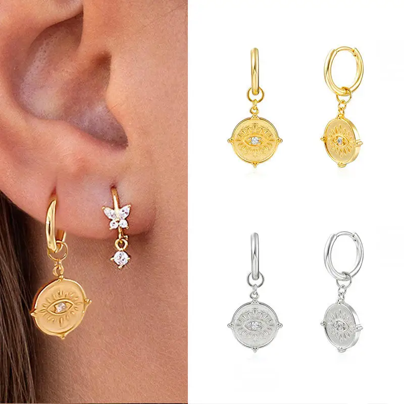 New Trend 925 Sterling Silver 18K Gold Plated Zircon Setting Evil Eye Coin Pendant Charm Drop Hoop Earrings