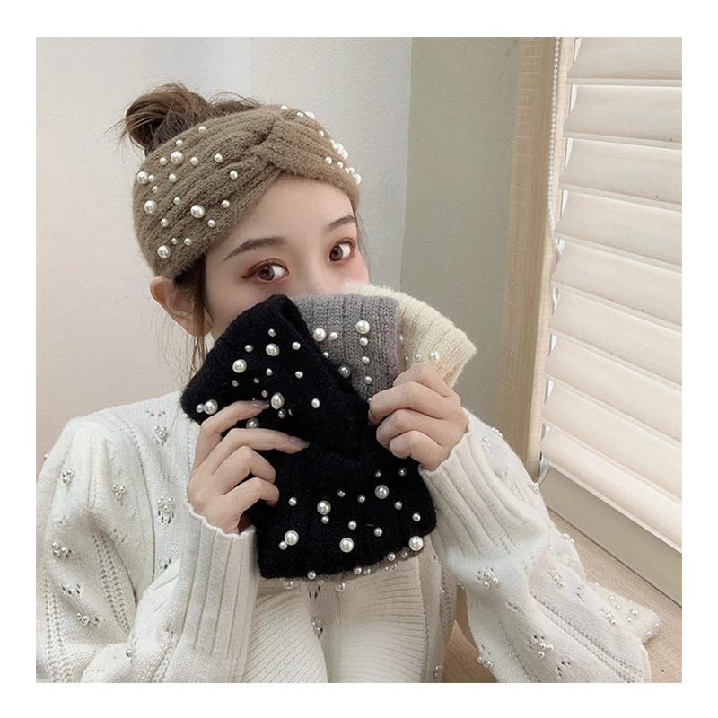 Winter Warmer Crochet Wide Stretch Pearl Headband Knitting elastic Hair Bands for Women Girls hair accessories