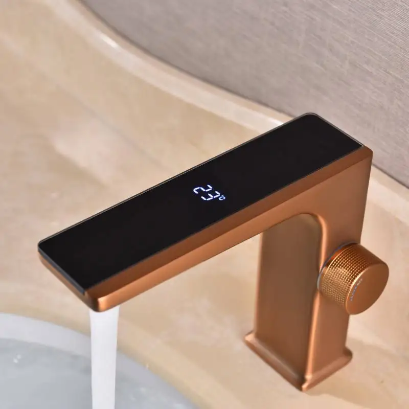 Electric digital temperature display deck mounted bathroom basin faucet hot cold water mixer tap with splash proof spout