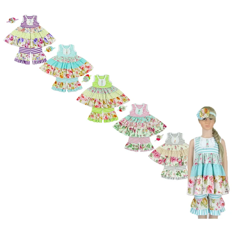 Летняя туника в полоску и цветочные брюки с рюшами переделанные костюмы виде Муны модные комплекты детской одежды для девочек