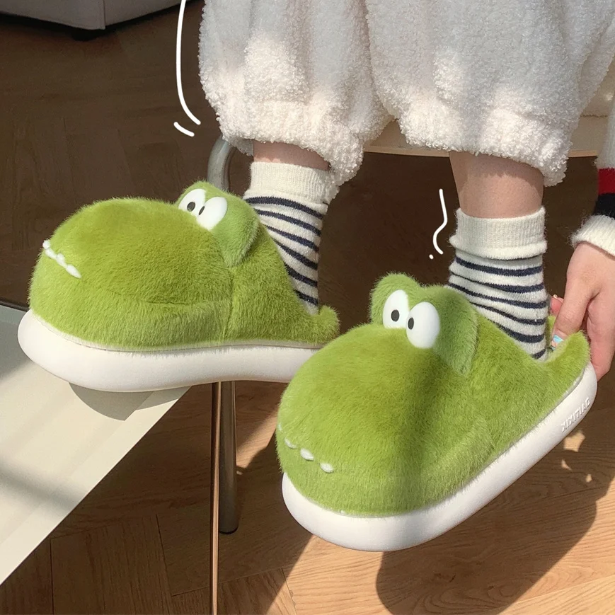 XIXITIAO  soft plush winter warm home house indoor plush fluffy slippers unisex crocodile animal prints slippers for woman