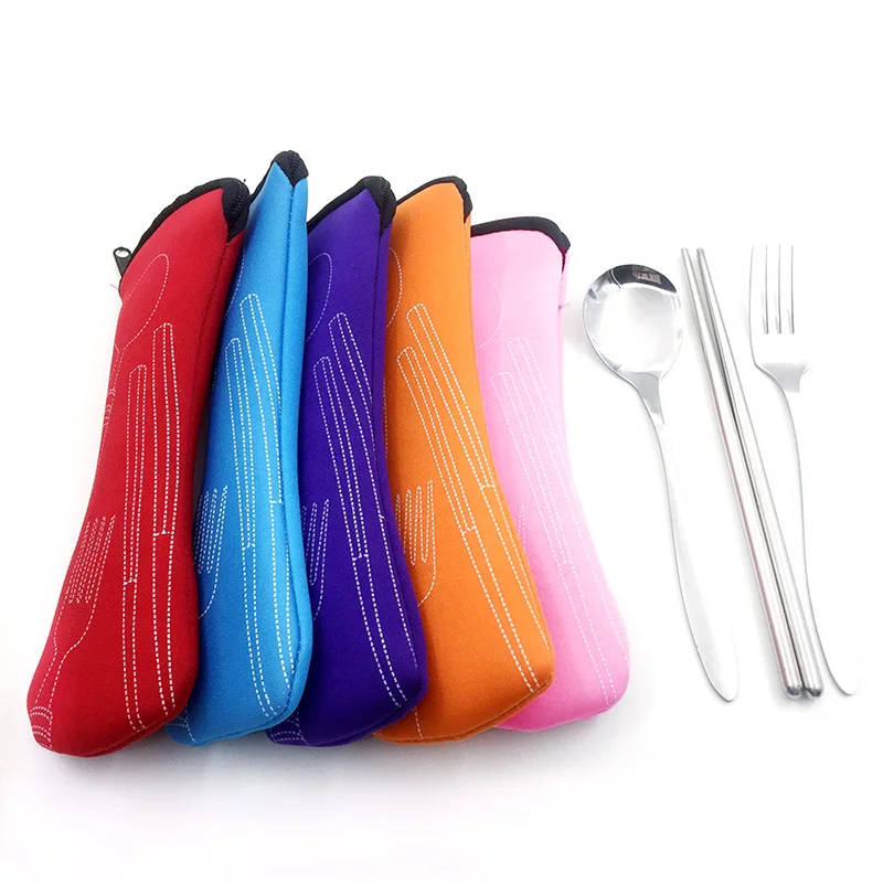 Reusable Portable Travel Tableware Carrying Bag Knife Fork Chopsticks Neoprene Zipper