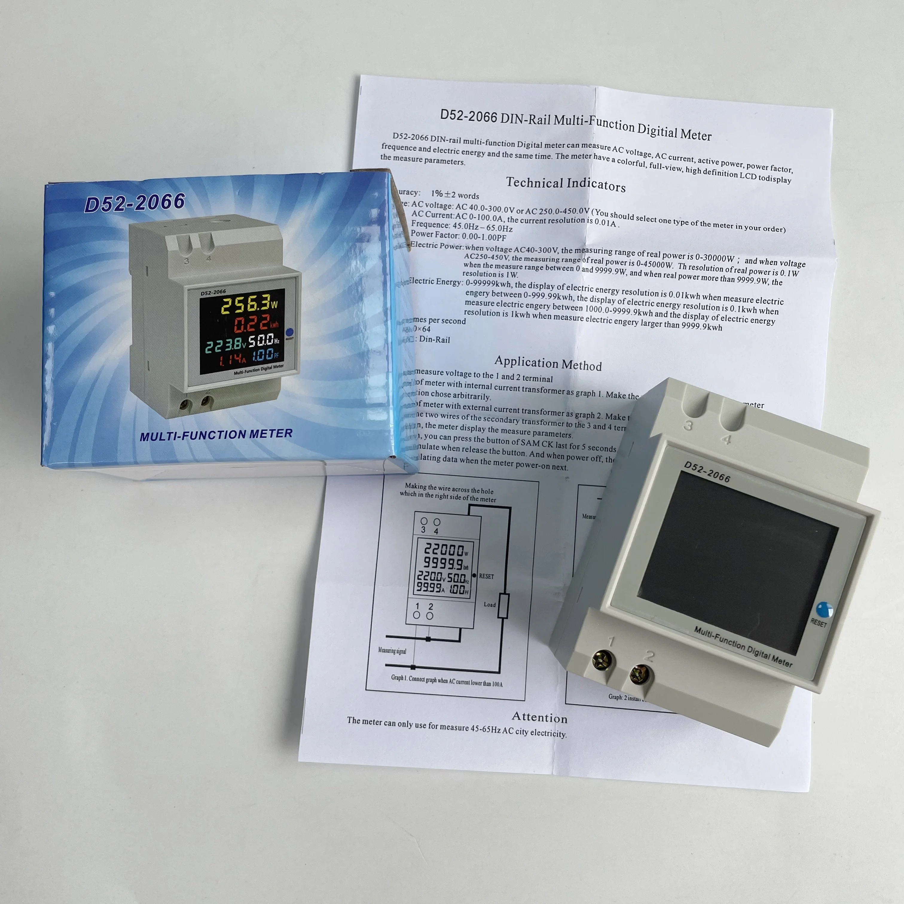 6 IN 1 Display Smart Meter Din Rail AC Monitor Voltage Current Power Factor Active KWH Electric Energy Frequency Meter D52-2066