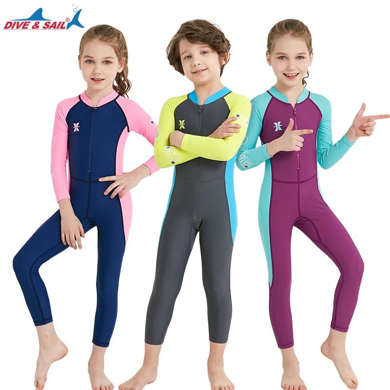 2023 Kids Fitness Long Sleeve Swimwear Beachwear Boys Girls One Piece Swimming Costumes Suit Children UV Protection Swimsuit