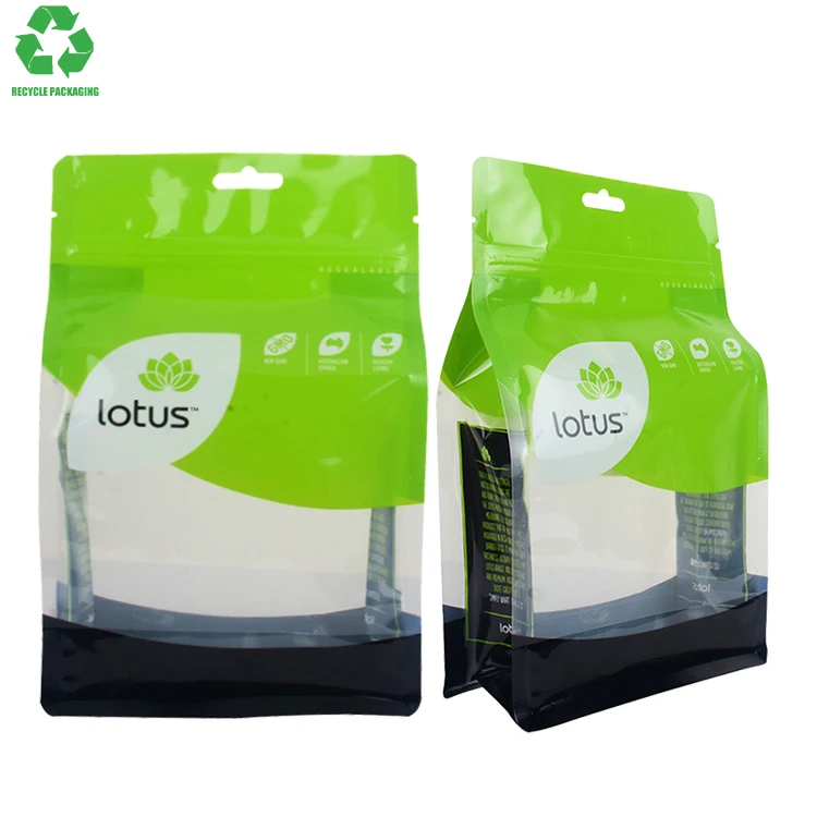 Low Moq Custom Recyclable 200G 100Microns PP Plastic Green Food Grade Flexible Pouch Coffee Flat Bottom Pouch Packaging Bag