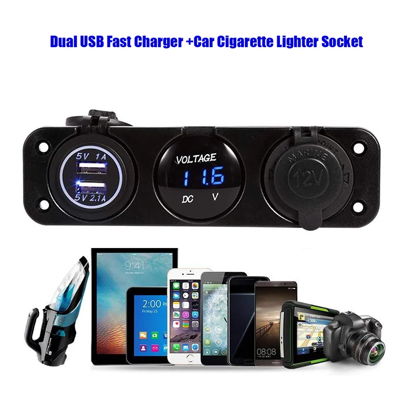 DC 12V-24V Rocker Switch Panel with 12 Volt Dual USB Power Outlet Cigarette Lighter Socket For Boat Marine