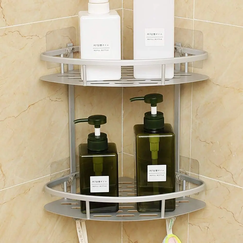 Wall Mounted No Drill Adhesive Shower Corner Shelf 2 Tier  Non Rust Aluminum Stick Bathroom Shelves Caddy Storage Racks Basket