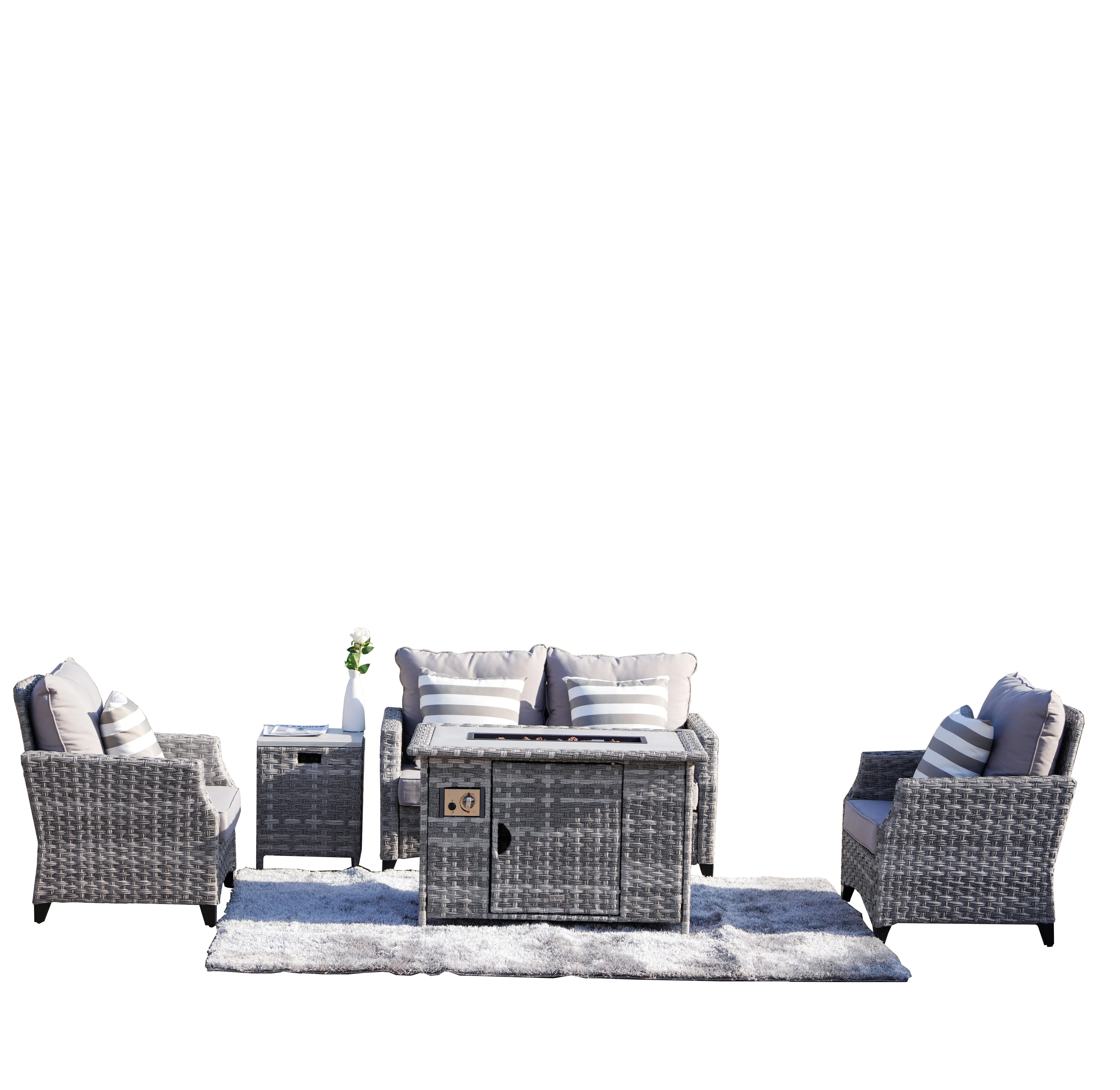 5-Piece Waterproof Garden Sofa Set PE Wicker Outdoor With Gas Fire Pit