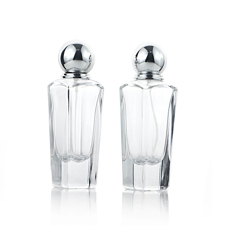 Unique design Square perfume glass bottle 50ML thick glass bottom empty bottle spray crimp with silver ball lid