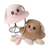 Tiktok Hot Style Kids Cute Rabbit Straw Hat Funny Moving Ears Summer Outdoor Beach Sunhat for Boys Girls Children Plain 7 Cm