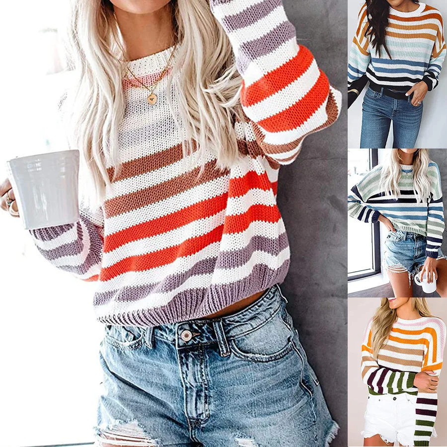 Cheap Price 2021 Fall  Women  Fashion Striped Matching Color Pullover Student Top  New Jersey   Wholesale China