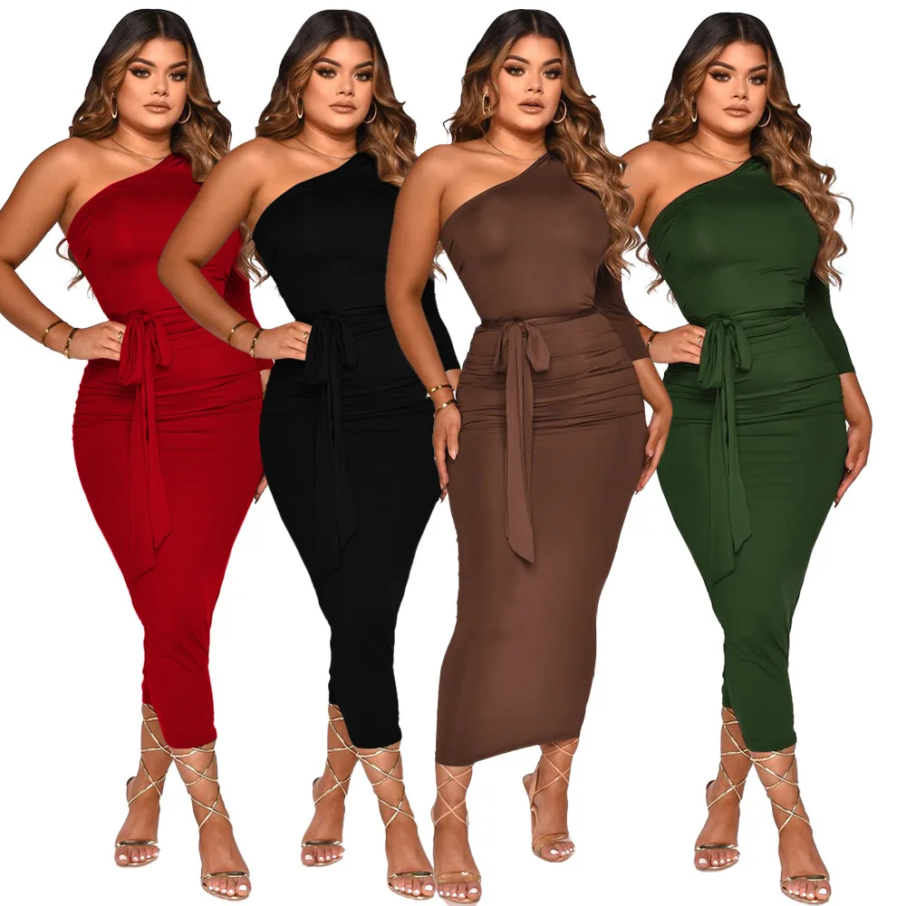 2022 New Arrivals Single-shoulder Clothes Cross-border Slash Neck Fashion Custom Design Bodycon Long Tight Women Casual Dresses